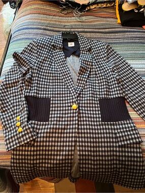CAbi Navy and White Gingham Blazer with Gold Buttons and Knit Pockets